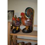 TWO WOODEN MODELS OF A COCKEREL AND A HEN