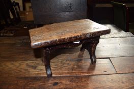 Vintage oak milking stool^ of plain rectangular form with trestle supports (a/f) 28cm wide