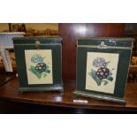 PAIR OF FLORAL DECORATED AND GREEN PAINTED SMALL CABINETS WITH LIFTING TOPS, 26CM WIDE