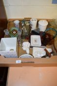 BOX CONTAINING QUANTITY OF CERAMIC WARES AND TWO CUT GLASS CANDLESTICKS