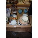 TRAY CONTAINING VARIOUS CERAMIC ITEMS INCLUDING ART POTTERY VASE AND TWO GREEN GLAZED POTTERY VASES