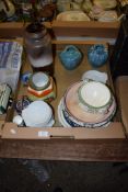 TRAY CONTAINING VARIOUS CERAMIC ITEMS INCLUDING ART POTTERY VASE AND TWO GREEN GLAZED POTTERY VASES