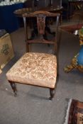 Late 19th century side chair^ pierced vase shaped splat back and pink floral upholstered seat