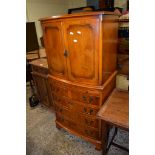 REPRODUCTION YEW EFFECT COCKTAIL CABINET WITH BRUSHING SLIDE AND FOUR DRAWERS BELOW, 62CM WIDE
