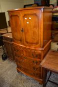 REPRODUCTION YEW EFFECT COCKTAIL CABINET WITH BRUSHING SLIDE AND FOUR DRAWERS BELOW, 62CM WIDE