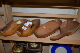 PAIR OF WOODEN CLOGS AND TWO FURTHER WOODEN DISHES