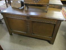 18th century oak coffer^ two panelled front and fitted candlebox in plain stile feet^ 114cm wide