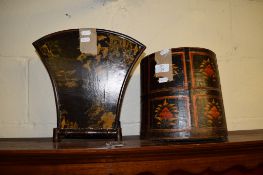 TWO JAPANNED AND LACQUERED VINTAGE WASTEPAPER BASKETS