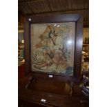 FIRE SCREEN WITH VICTORIAN GROSPOINT WOOL EMBROIDERED PANEL, 64.5CM WIDE