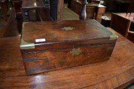 19th century rosewood campaign type writing box with vacant brass name plate^ brass corners^ brass