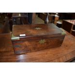 19th century rosewood campaign type writing box with vacant brass name plate^ brass corners^ brass