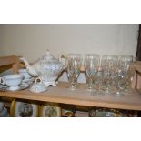 LATE 19TH CENTURY STAFFORDSHIRE TEA POT TOGETHER WITH TWO CUPS AND SAUCERS AND GLASS WARES