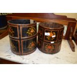 TWO PAINTED AND LACQUERED CYLINDRICAL WASTEPAPER BASKETS