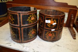 TWO PAINTED AND LACQUERED CYLINDRICAL WASTEPAPER BASKETS