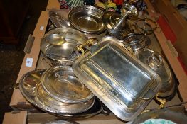 QUANTITY OF MAINLY PLATED WARES INCLUDING CASSEROLE DISHES AND COVERS AND VARIOUS COASTERS ETC