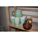 POTTERY ITEMS INCLUDING SET OF JUG AND THREE BEAKERS BY LOVATT