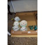 TWO POTTERY GREEN GLAZED PIGEONS AND QUANTITY OF MINTON HADDON HALL BOWL AND SAUCERS