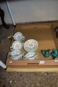 TWO POTTERY GREEN GLAZED PIGEONS AND QUANTITY OF MINTON HADDON HALL BOWL AND SAUCERS