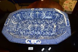 LARGE BLUE AND WHITE FOOTBATH WITH RENAISSANCE STYLE DECORATION IN BLUE (REPRODUCTION). 56CM WIDE