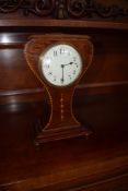 Edwardian mahogany balloon shaped mantel clock^ inlaid hatch bordering central circular Arabic