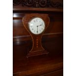 Edwardian mahogany balloon shaped mantel clock^ inlaid hatch bordering central circular Arabic