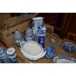 TRAY CONTAINING QUANTITY OF BLUE AND WHITE WARES INCLUDING PAIR OF VASES, BOWL BY WEDGWOOD IN THE