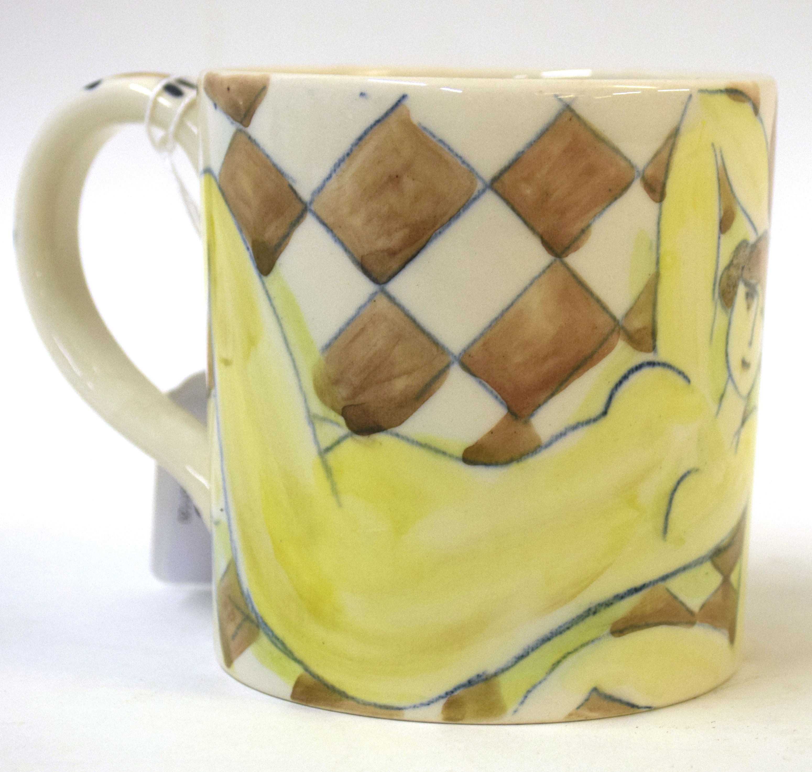 •AR Tessa Newcomb (born 1955), Hand painted mug with reclining nude, initialled and dated 2001 to