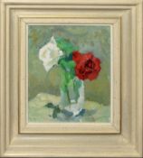 •AR Robert Lyon, RP, RBA, SMP, ARCA (1894-1978), "Roses", oil on board, signed lower right, 20 x