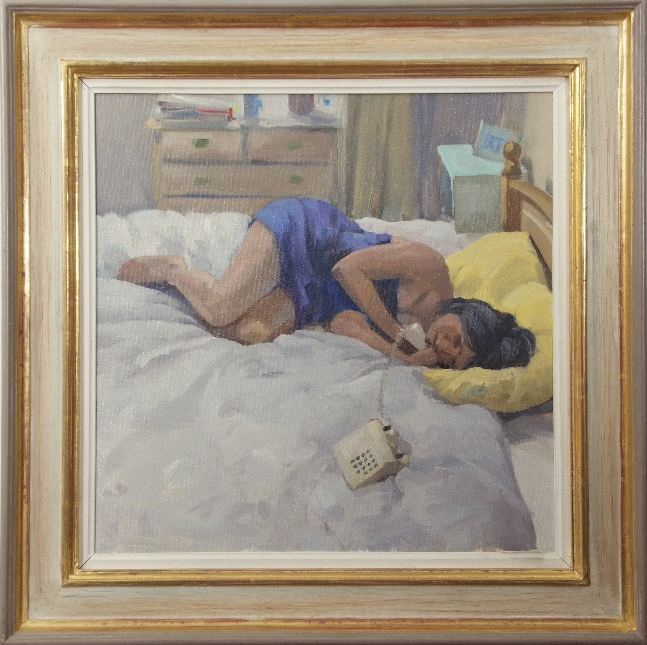 British School (contemporary), Lady reclined on a bed on the telephone, oil on canvas, 39 x 39cm