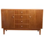 Mid-century sideboard with four central drawers flanked on either side by cupboards with plain