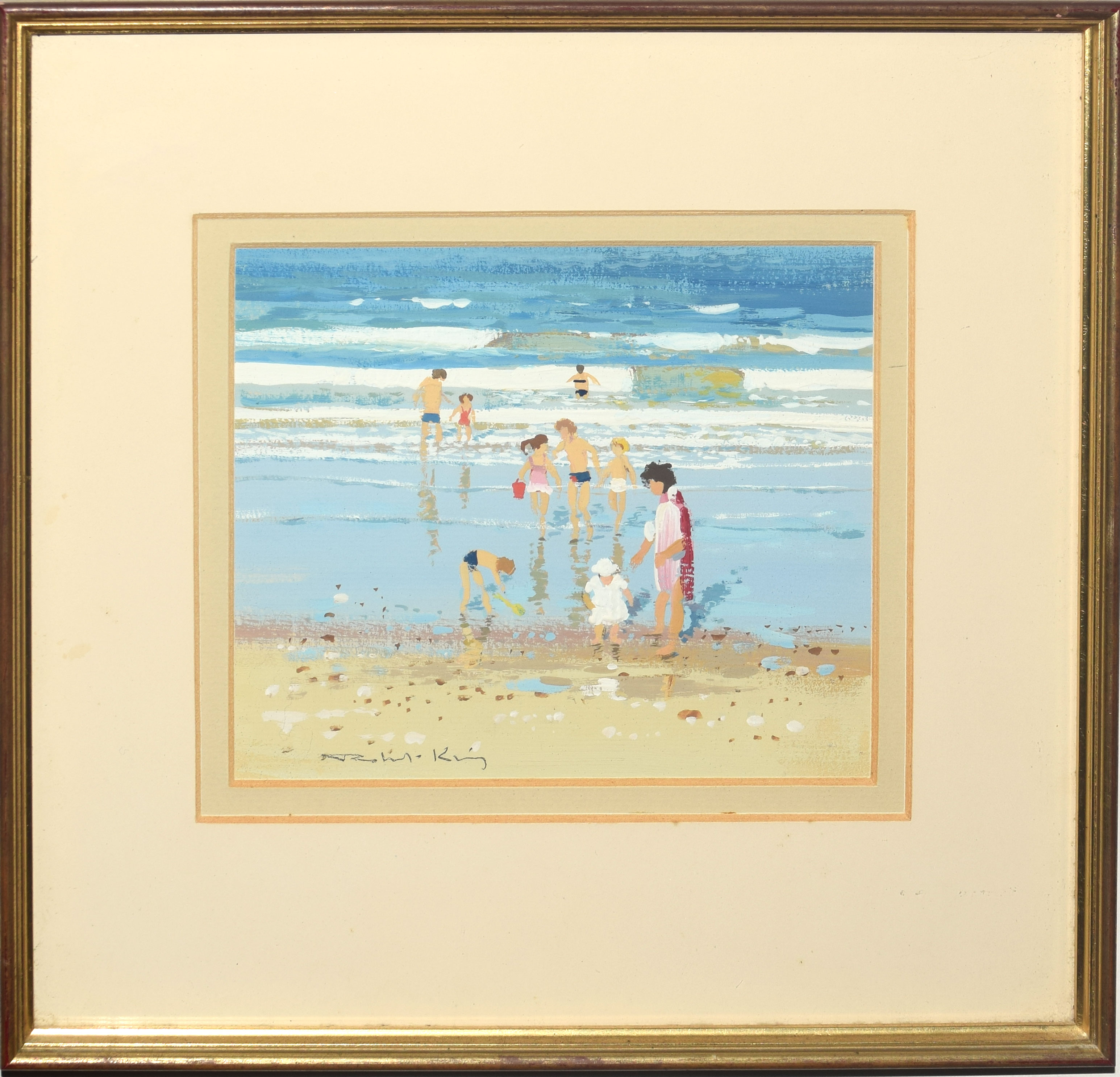 •AR Robert King (born 1936), Figures on a beach, watercolour and gouache, signed lower left, 15 x