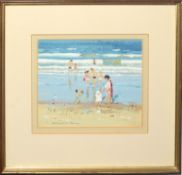 •AR Robert King (born 1936), Figures on a beach, watercolour and gouache, signed lower left, 15 x