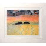 •AR Elaine Pamphilon (born 1948), "Doorways in the sand, Porthmeor Beach, St Ives", acrylic on
