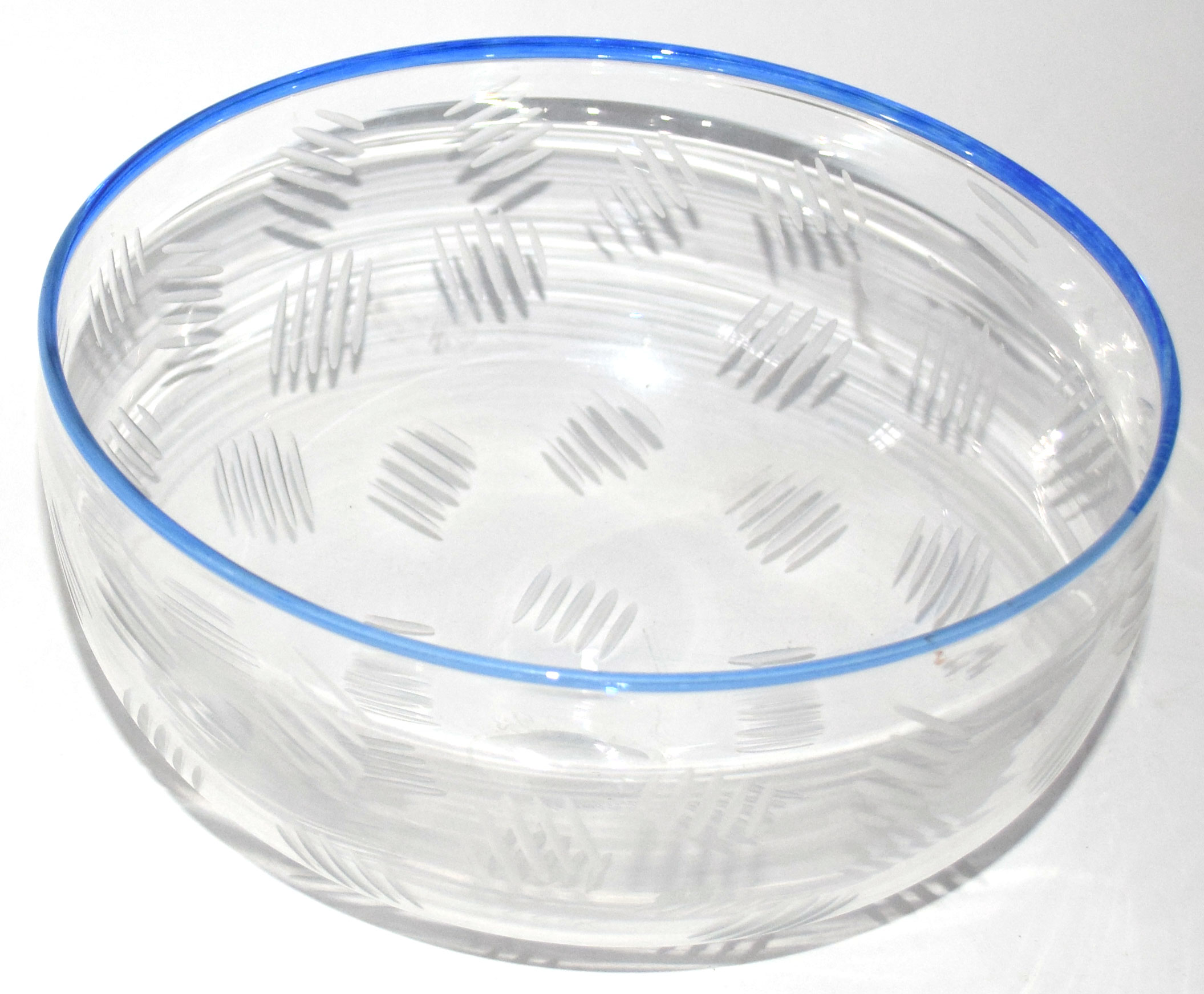 Christopher Williams - a Glasshouse clear glass bowl with applied blue rim with etched marks to