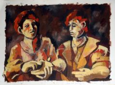 Modern School (20th Century), "Women and Knowledge V", oil on paper, indistinctly signed and dated