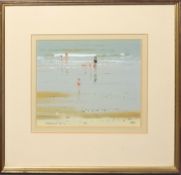 •AR Robert King (born 1936), Figures on a beach, watercolour and gouache, signed lower left, 15 x