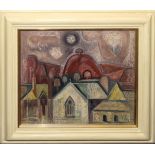 •AR Richard Slater, RI (born 1927), "Chapel and Red Hill", oil on board, signed lower left, 25 x