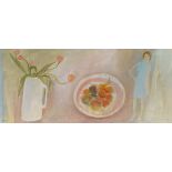 •AR Tessa Newcomb (born 1955), Flowers, fruit bowl and figure, oil on card, initialled and dated