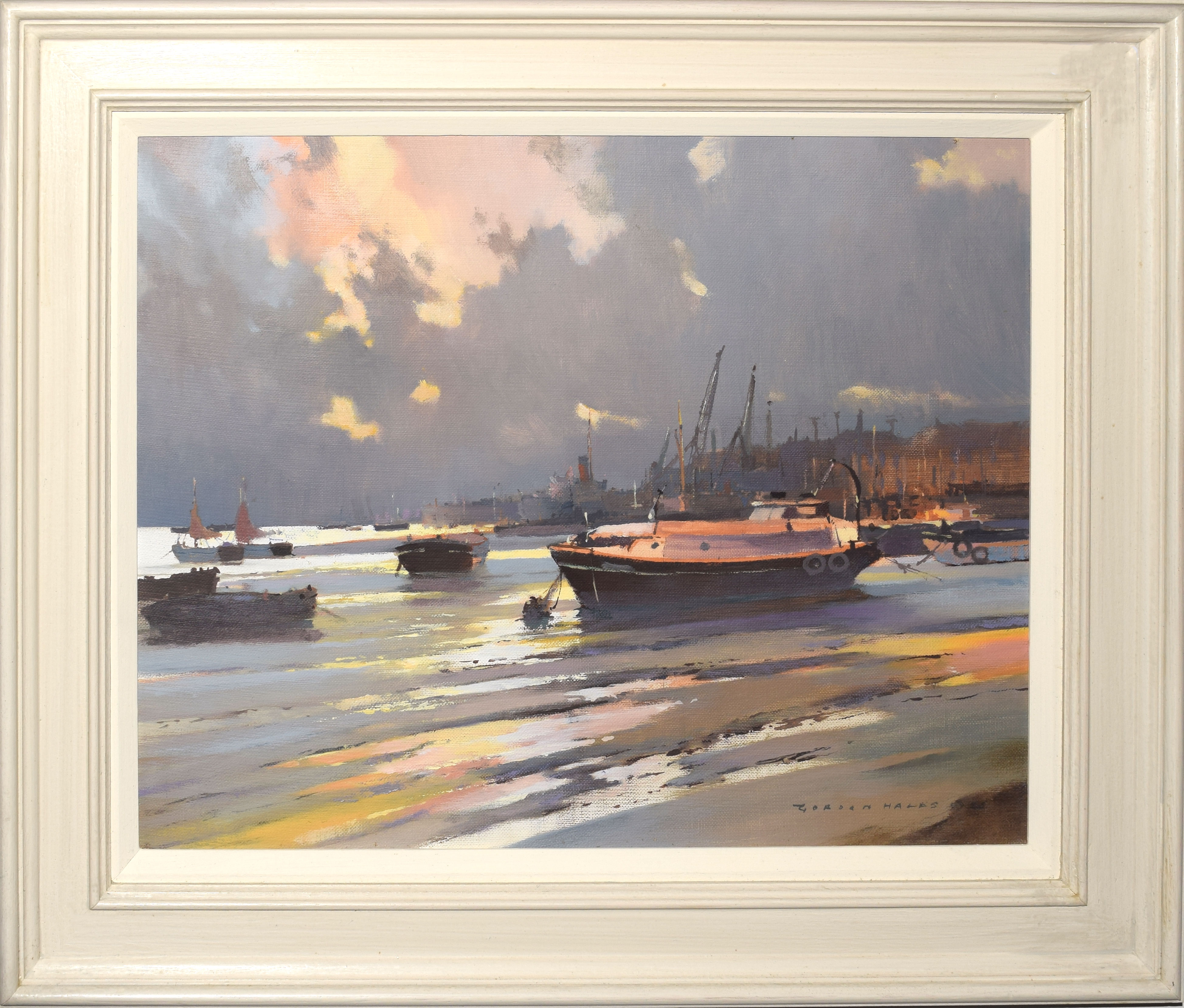 •AR Gordon Hereward Hales, RSMA, FRSA, "Low Water, Battersea", oil on board, signed and indistinctly