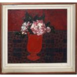•AR Brenda King (1934-2011), "Roses in a red vase", oil on board, signed and dated 67 lower right,