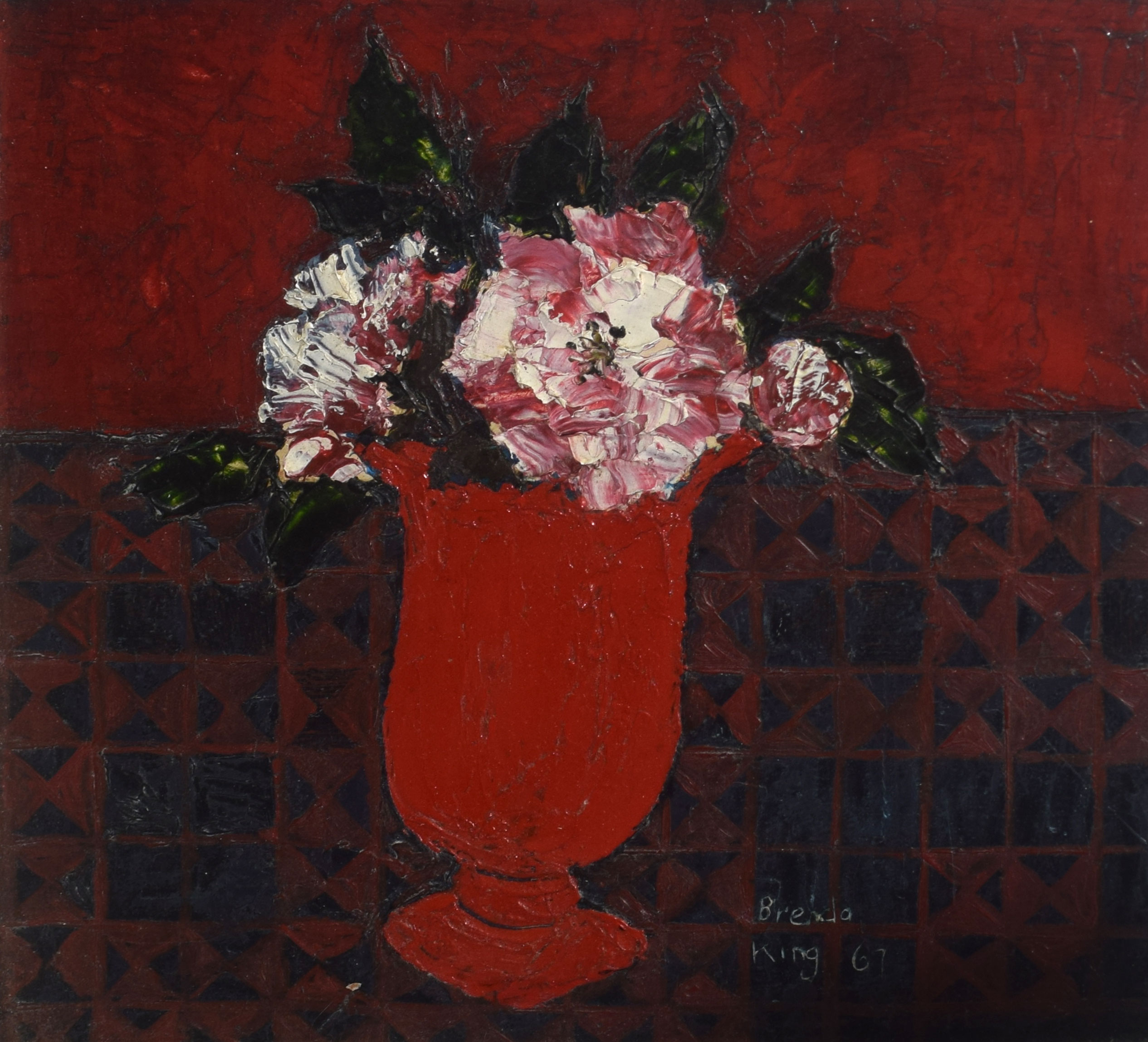 •AR Brenda King (1934-2011), "Roses in a red vase", oil on board, signed and dated 67 lower right, - Image 2 of 2