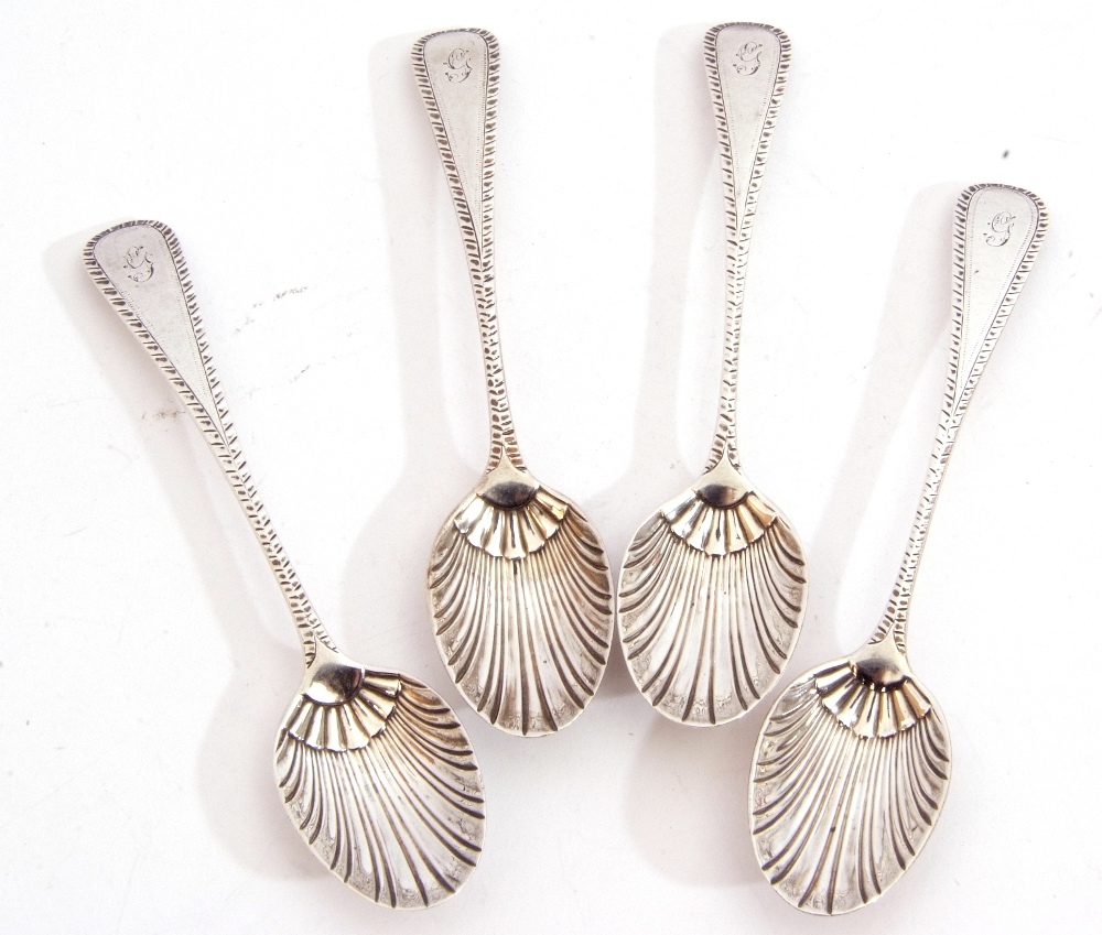 Set of four late Victorian tea spoons in bright cut Old English pattern with shell bowls,