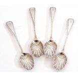 Set of four late Victorian tea spoons in bright cut Old English pattern with shell bowls,