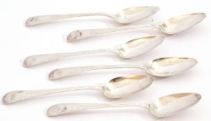 Set of six George III bright cut Old English tea spoons, each bearing a monogram, London 1790,