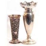 Mixed Lot: George V silver vase, baluster tapering body, pierced and decorated top rim, on a