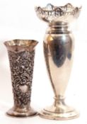 Mixed Lot: George V silver vase, baluster tapering body, pierced and decorated top rim, on a