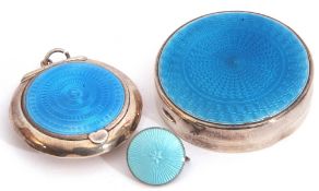 Group: George V circular lidded travelling powder box with blue guilloche enamelled lid, the glass