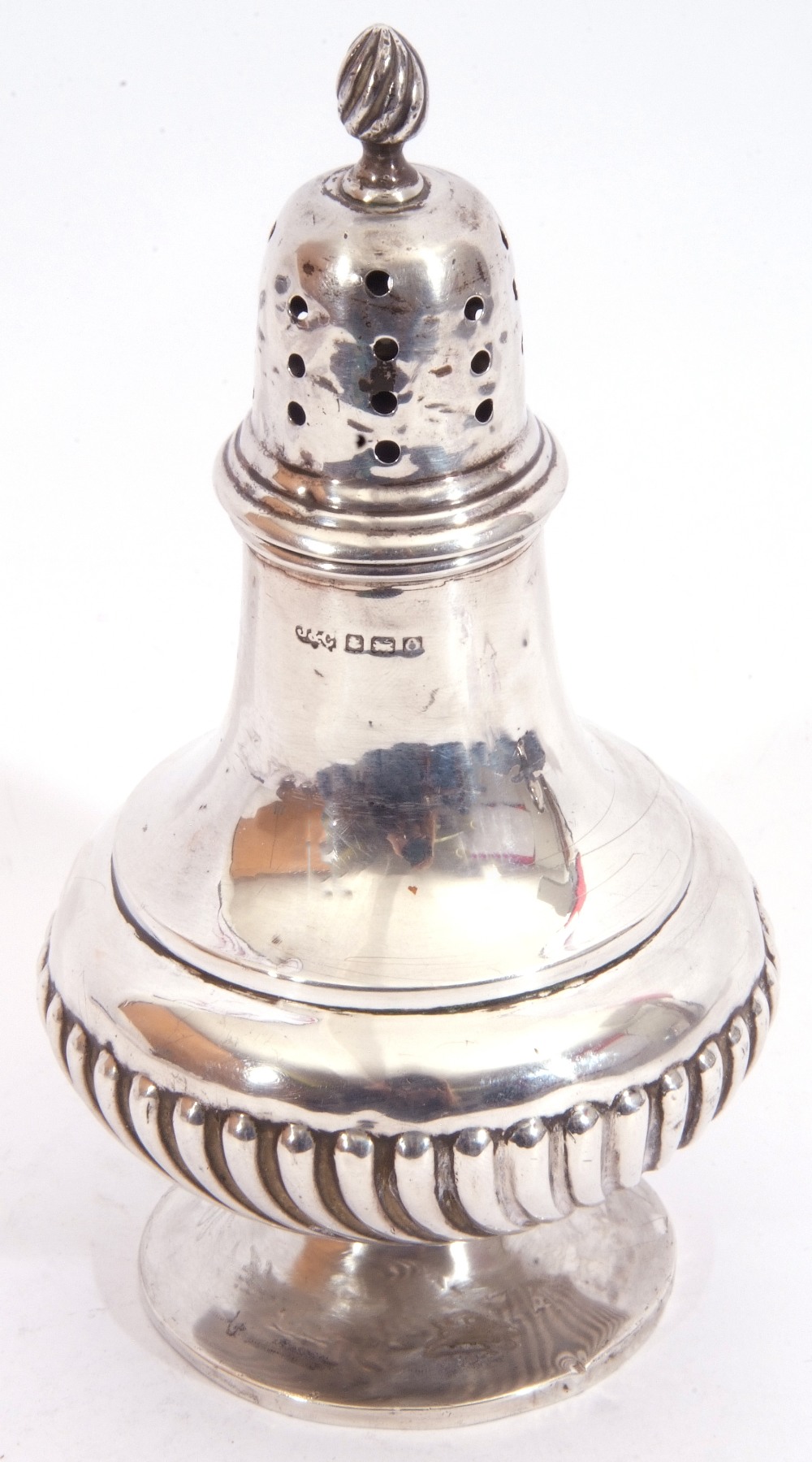 Edward VII silver caster, the large half-fluted baluster body to a circular foot, the pull off - Image 2 of 3