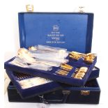 Blue leatherette case of Solingen gold plated flatwares in fitted case, three layers