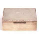 Silver cigarette box, the engine turned hinged lid with central initialled and engraved cartouche,